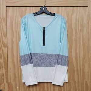 Blue and White Long Sleeve Top with Zipper
